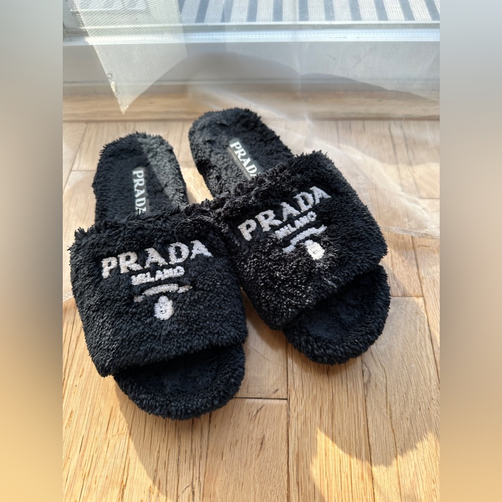 PRADA Signature Logo Cosy Terry Slides Slippers Flat Sandals Shoes black